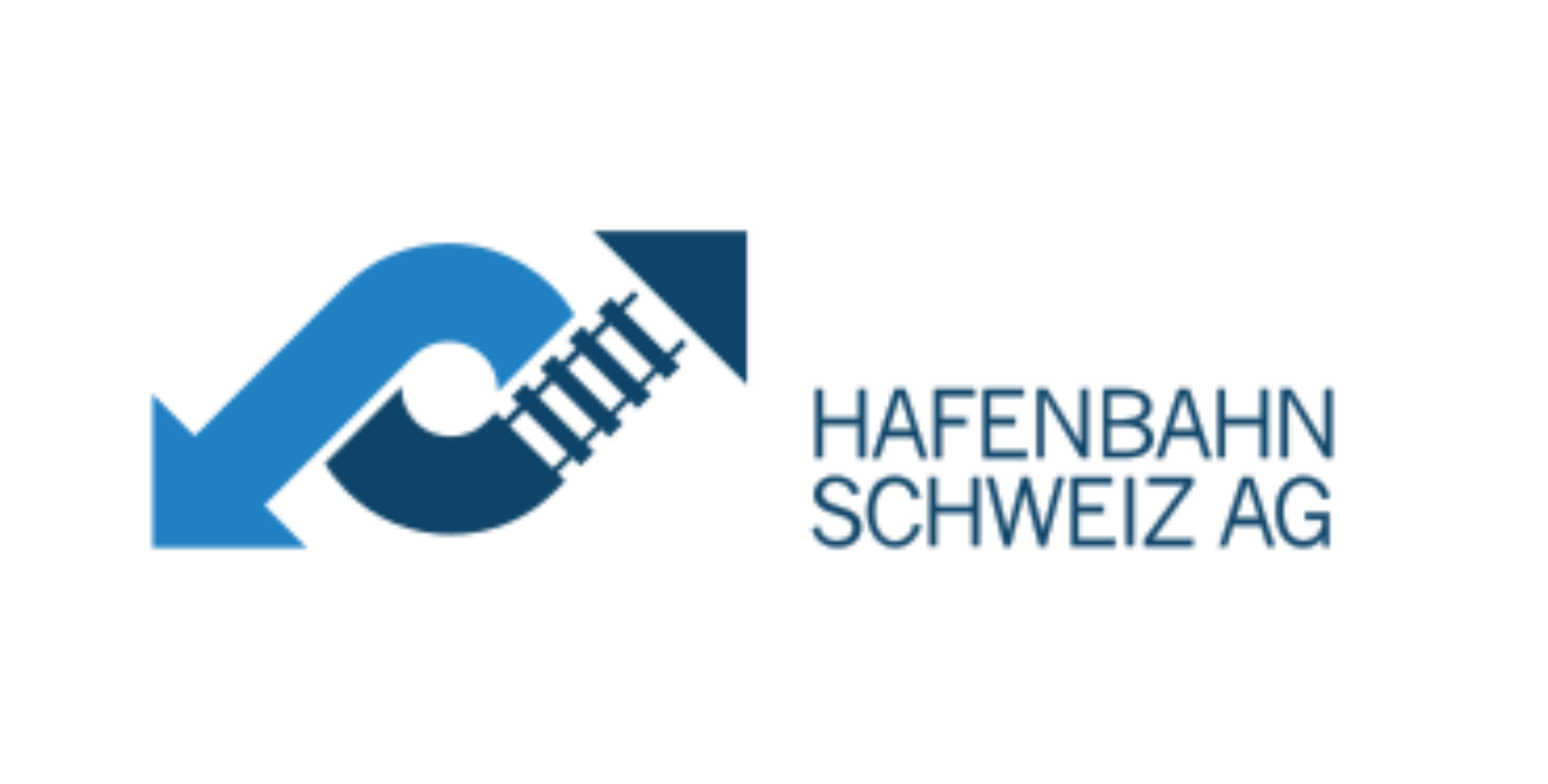 Blue and dark blue logo with a stylized train and arrow, text reads Hafenbahn Schweiz AG.