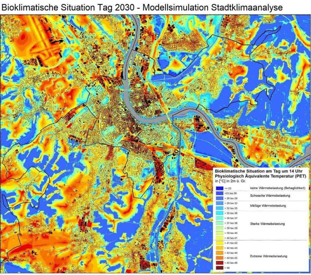 A heat map showing bioclimatic conditions in a city in 2030.