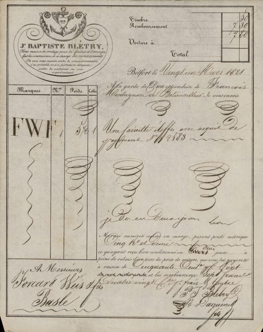 A historical shipping document with handwritten notes and decorative elements.