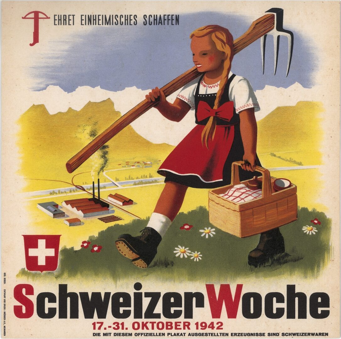 A girl in traditional dress carrying a pitchfork and basket in a rural setting.