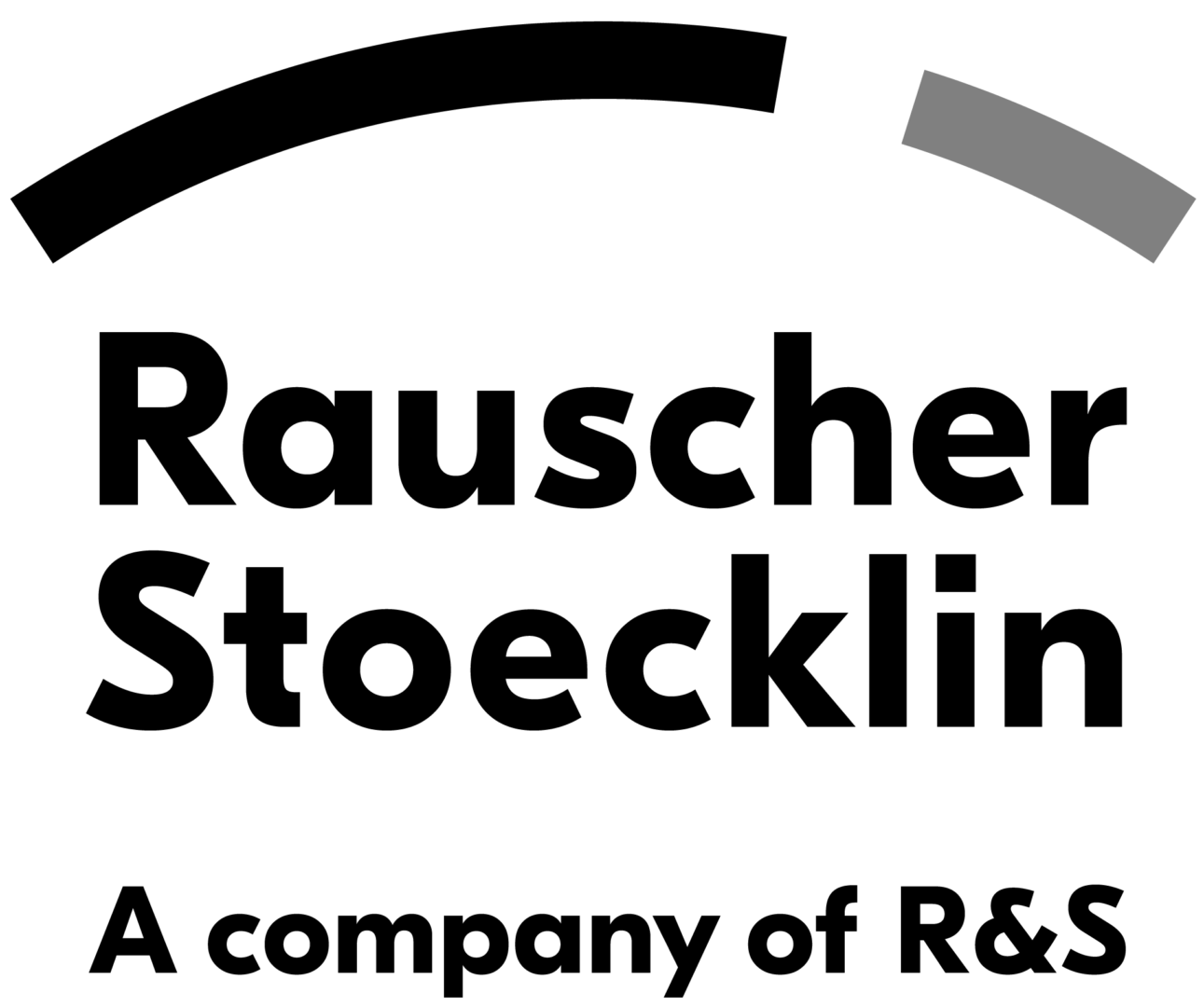 Rauscher Stoecklin Logo mit schwarzem und grauem Bogen.