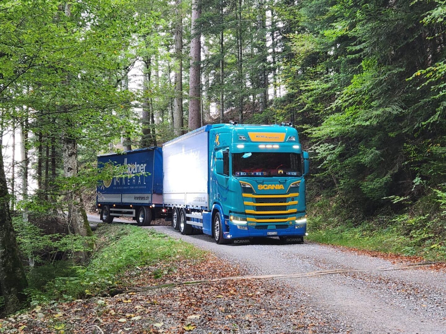 Ein blauer Scania-Lkw fährt durch einen Wald.