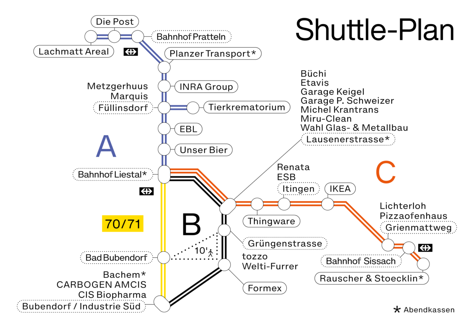 Stadtplan mit Haltestellen und Linien der öffentlichen Verkehrsmittel.