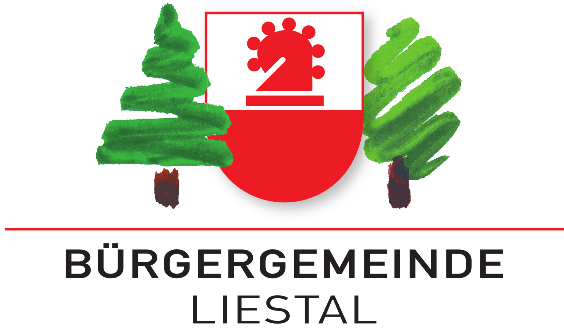 Ein Wappen mit zwei Bäumen und einem roten Schild mit einem weißen Kreuz.