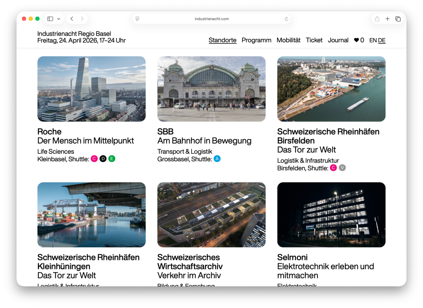 Website der Industrienacht Regio Basel mit sechs Standorten und deren Bildern.