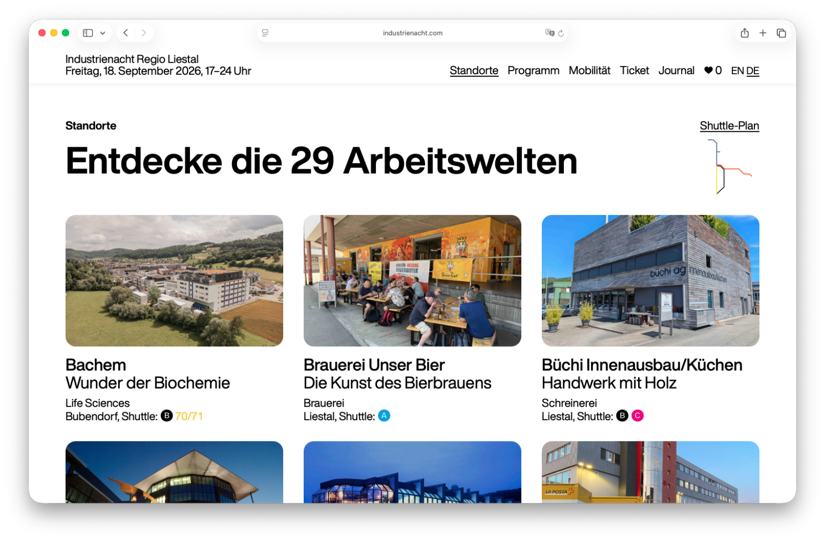Standorte 2026 Webseite der Industrienacht mit drei Standorten: Bachem, Brauerei Unser Bier und Büchi Innenausbau/Küchen