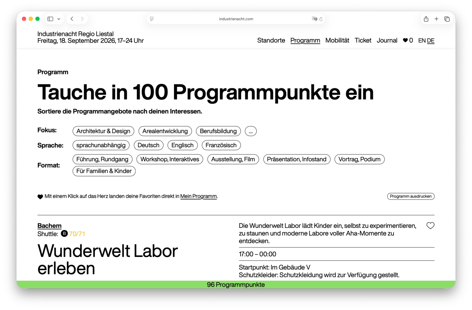 Website der Industrienacht Regio Liestal mit Programmübersicht und Filteroptionen.