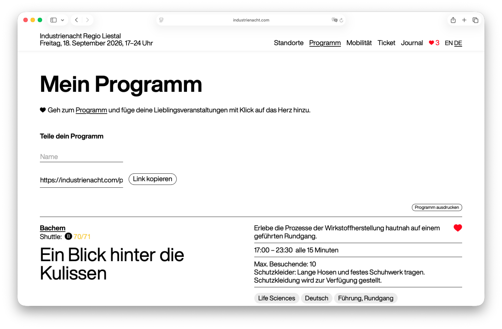 Mein Programm Webseite der Industrienacht mit Programmübersicht und Veranstaltung "Ein Blick hinter die Kulissen"".