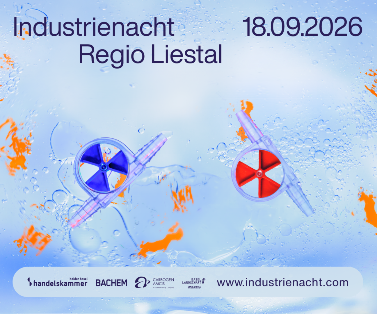 Keyvisual Mobile 600 x 500 2 Event flyer for Industrienacht Regio Liestal on 18.09.2026 showing blue and red industrial components.