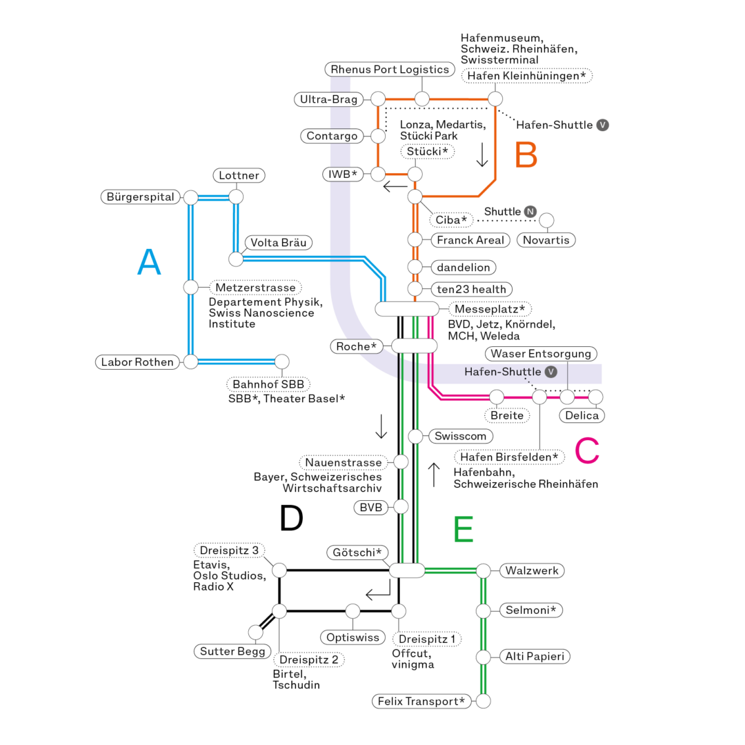 Stadtplan mit verschiedenen Haltestellen und Sehenswürdigkeiten in Basel.