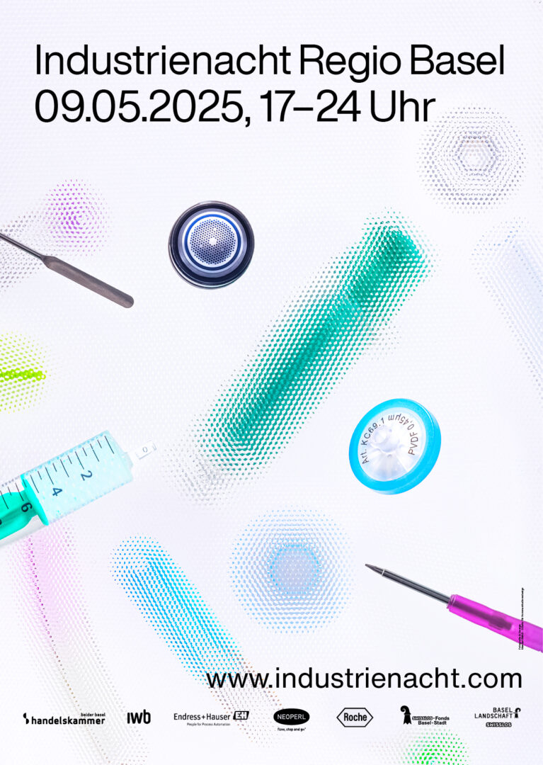 Plakat für die Industrienacht Regio Basel mit Werkzeugen und Datum.