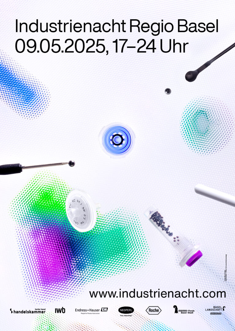 Plakat für die Industrienacht Regio Basel mit verschiedenen technischen Komponenten.