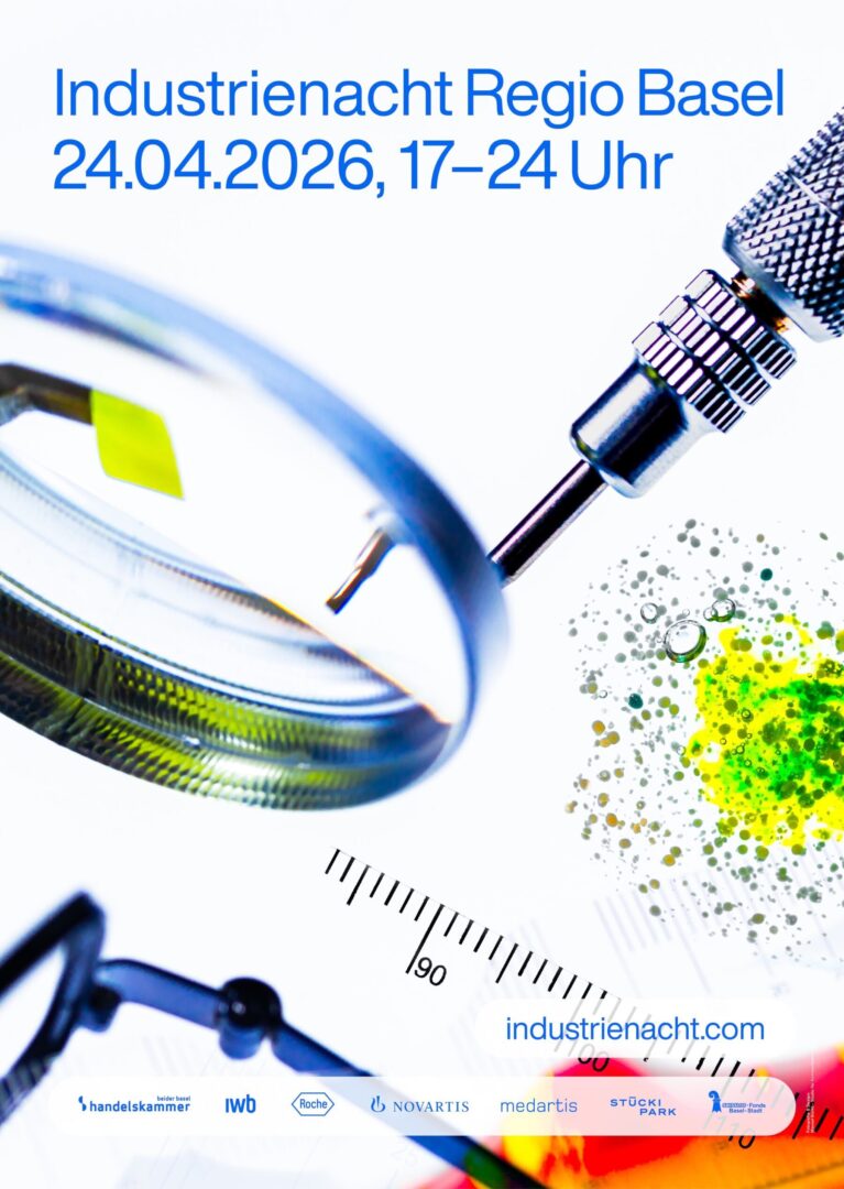Industrienacht Regio Basel event poster with scientific equipment.