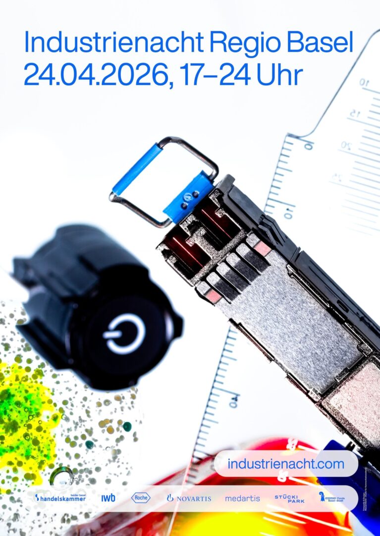 Industrienacht Regio Basel event poster featuring a close-up of a printer component.