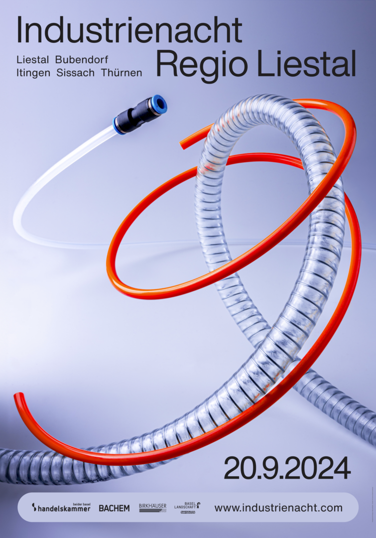 Industrienacht Plakat mit orange-silbernem Schlauch und Datum 20.9.2024.